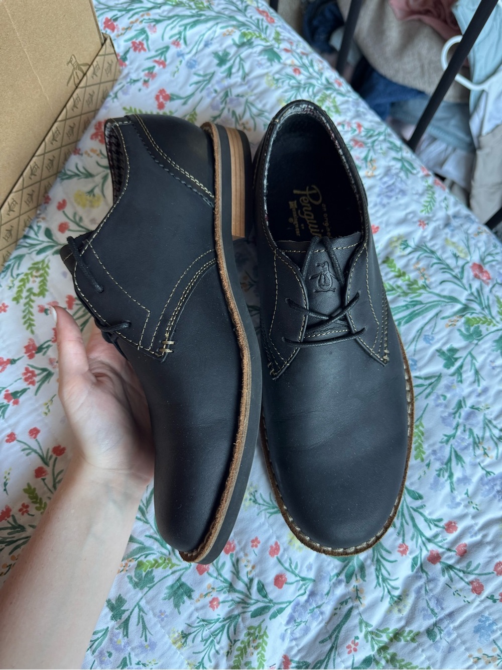 Original Penguin Black Leather Derby Shoes with Contrast Stitching